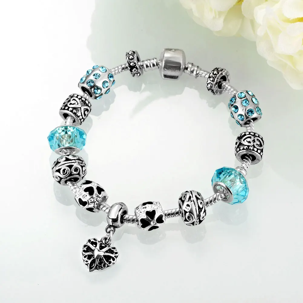 AliExpress,, Европейский стиль, 925 пробы, серебряный кристалл, браслет для женщин, синее муранское стекло, бусины, сделай сам, ювелирное изделие