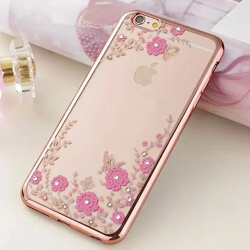 Capinha Para Chic Flower Flora Bling Diamond Rhinestone Clear Soft TPU Case For iPhone XS MAX XR X 6S 5S SE 8 6 7 Plus |