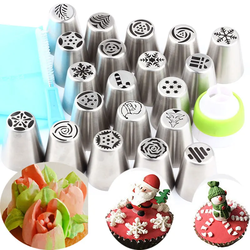 

20Pcs Flower Icing Piping Christmas New Year Nozzles Russian Party Tips And 1 Silicone Bag 1 Brush 1 Converter Coupler