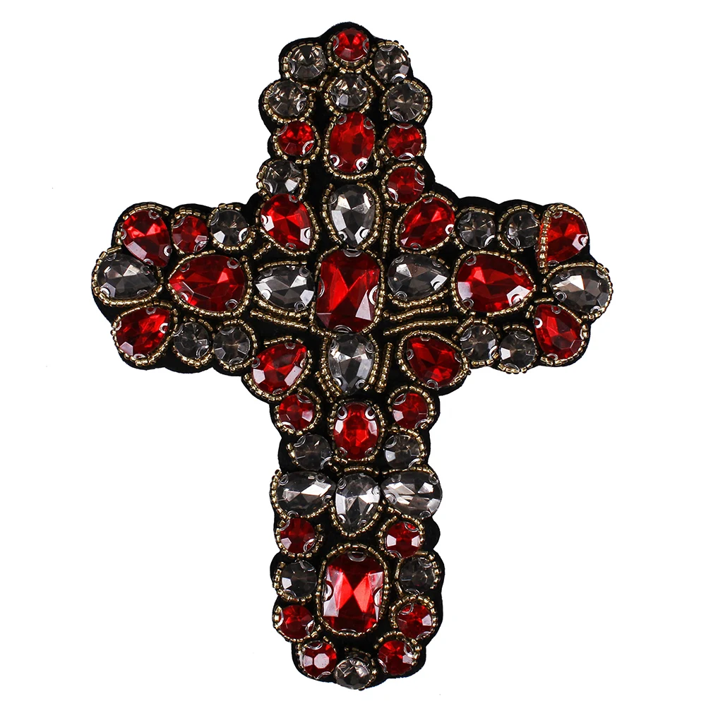

5pieces Red Gold Cross Design Cloth Pathes Beading Rhinestones Embroidery Applique Sew on Badge Craft Garment Accessories TH598