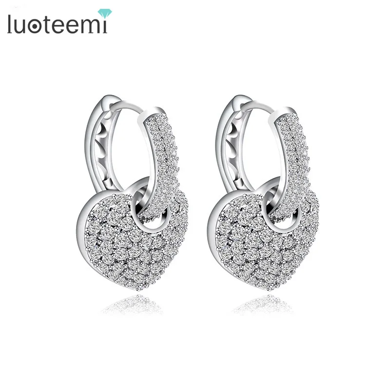 

LUOTEEMI New Arrival White Gold-Color Tiny Cubic Zirconia Mirco Paved Heart Shaped Drop Earrings For Women Engagement Gift