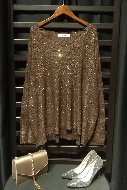 Gold Lurex Knit Tops Women Long Batwing Sleeve Big O-neck Sequined Sweaters Silver Thread Shiny Loose Ladies Jumpers | Женская одежда