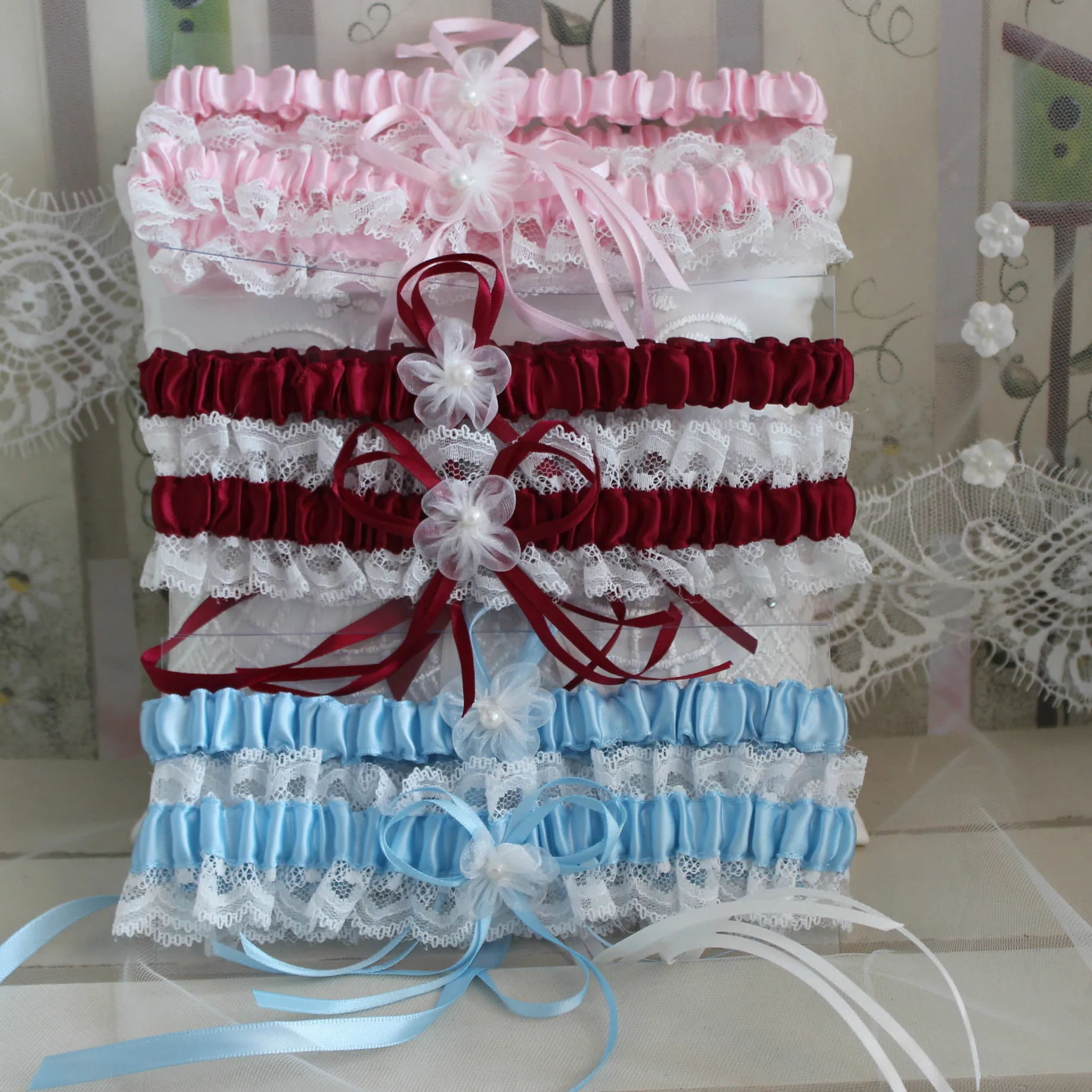 Сексуальные женские подвязки кружевные с жемчугом и цветочным бантом свадебные