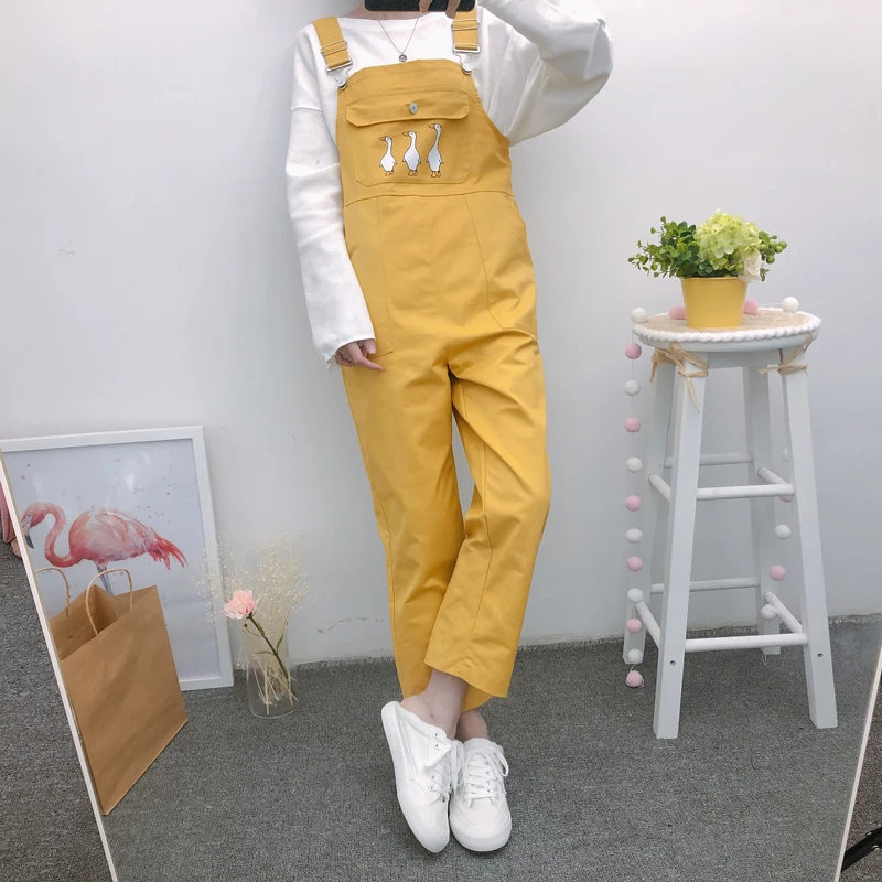 Женские комбинезоны, шикарные, с ремешком, длиной до лодыжки, Harajuku, милые, трендовые, женские, с карманами, для студентов, Kawaii, с мультяшным принтом, прямые, для девушек, милые