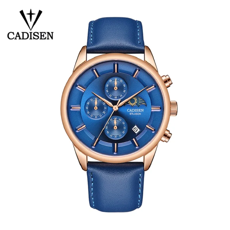 Blue CADISEN часы Мужские лучший бренд класса люкс мужские модные повседневные кожаные часы Кварцевые водонепроницаемые наручные часы Moon Phase Relogio Masculino - Цвет: Blue