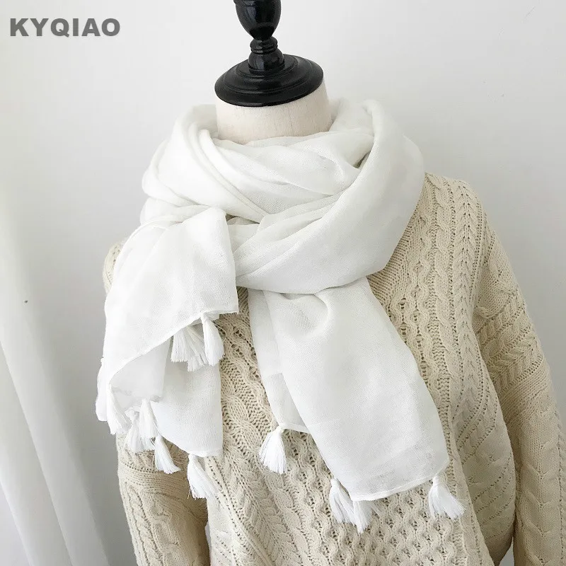 Женский Длинный шарф KYQIAO белый однотонный длинный с кисточками в японском стиле