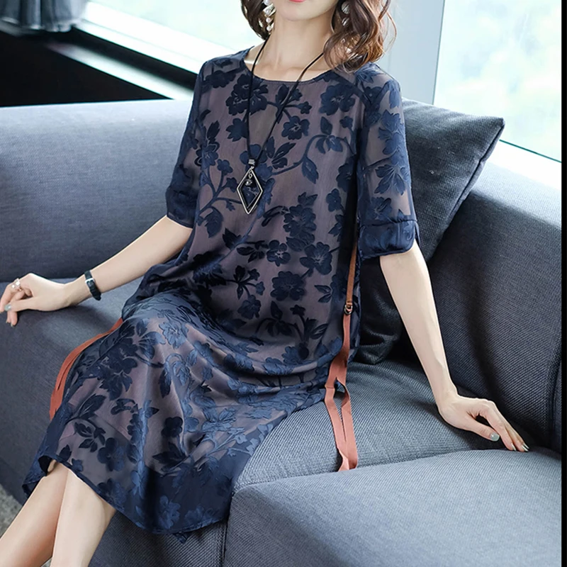 

2019 Summer New Women Loose Printed Half Sleeve Floral Dress , Female Womens Chiffon 3xl Flower Pattern Elegant Long Dresses