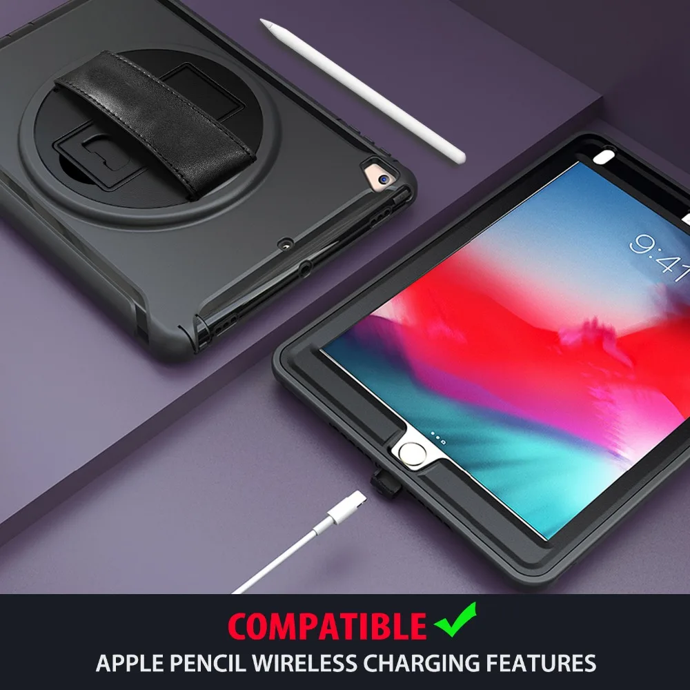 Для iPad 9,7 дюймов / чехол вращающийся на 360 Гибридный ТПУ+ PC ударопрочный Прочный чехол-подставка с ремешком на руку для iPad 5th 6th Gen