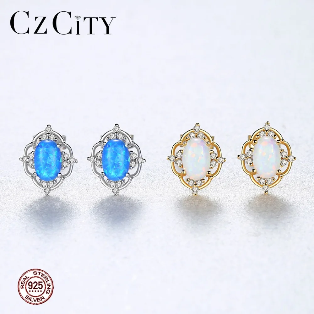 CZCITY реальные 925 классическое серебряное кольцо полое опал серьги со шпилькой для