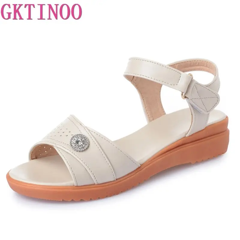 

Женские кожаные сандалии GKTINOO, Повседневная модная обувь для мам, плоская подошва, летние босоножки, большие размеры 35-43