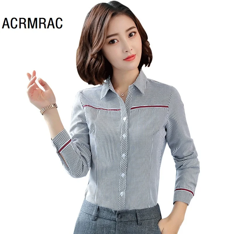 ACRMRAC Women shirt Long sleeve shirt Gray stripe Slim OL Formal Womens Blouses & Shirt Women