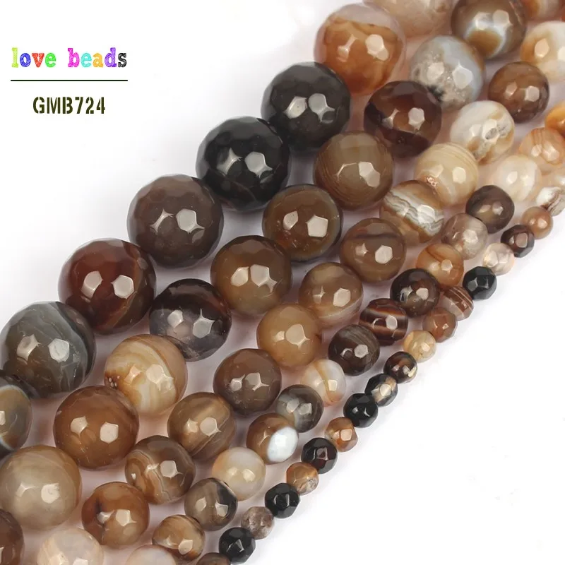 

wholesale Faceted Coffee Striped Agata Onyx Round Beads For Jewelry Making 15" Pick Size 4,6,8,10,12mm Making Bracelet