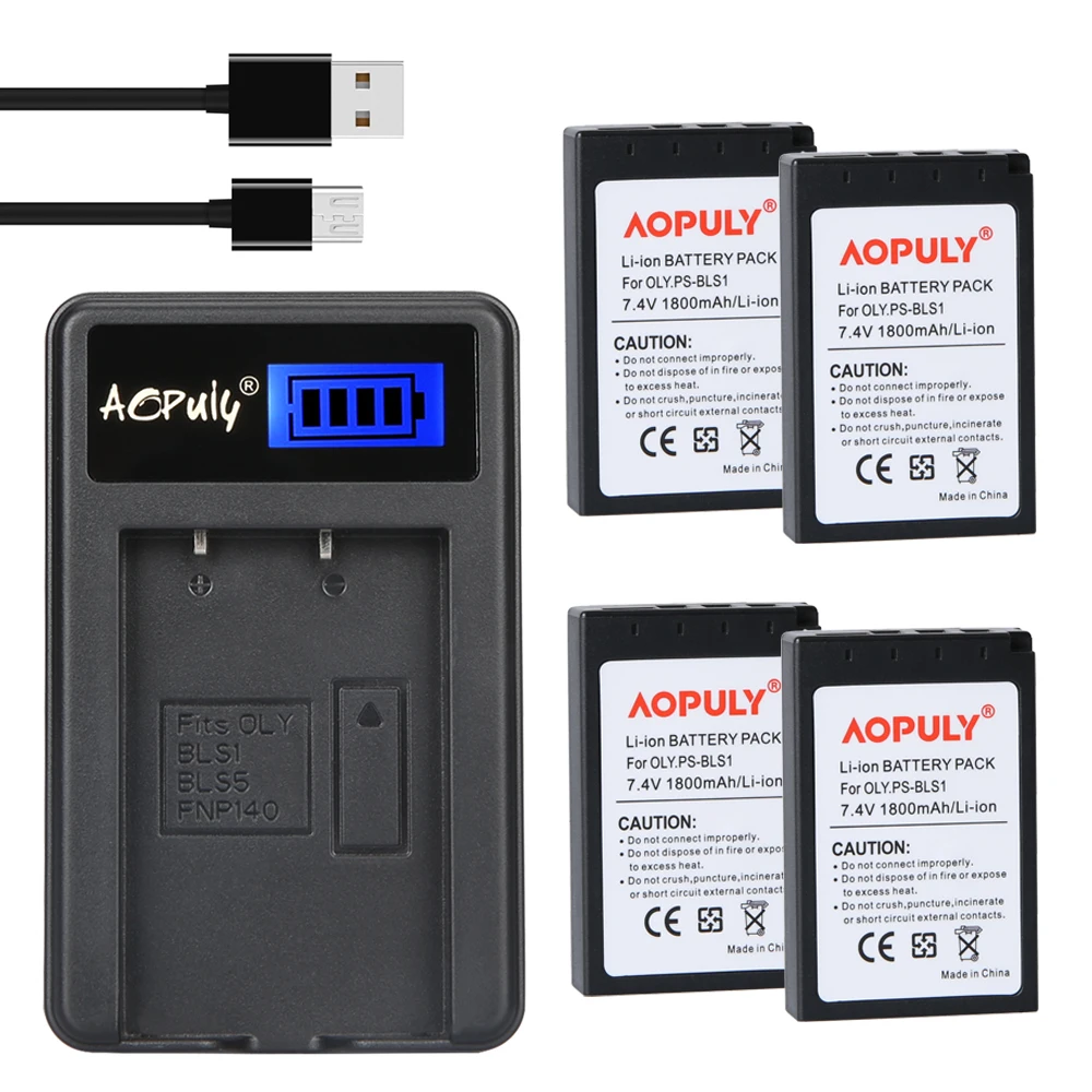 

AOPULY 4 шт., аккумулятор для PS-BLS1 + ЖК-зарядное устройство для Olympus Evolt, E-410, E-420, E-450, ручка, E-600, E-620, E-P1, E-P2, E-P3, E-PL1, E-PL3