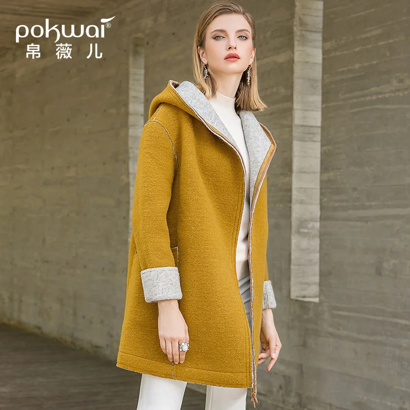 Женское шерстяное пальто POKWAI длинное зимнее с капюшоном и длинными рукавами на