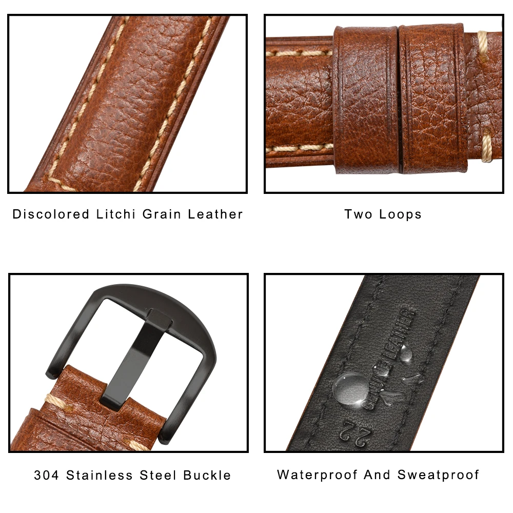 BEAFIRY Litchi Genuine Leather Watch Band 24mm 20mm 22mm Straps Brown Handmade Watchbands Replacement for men women | Наручные часы