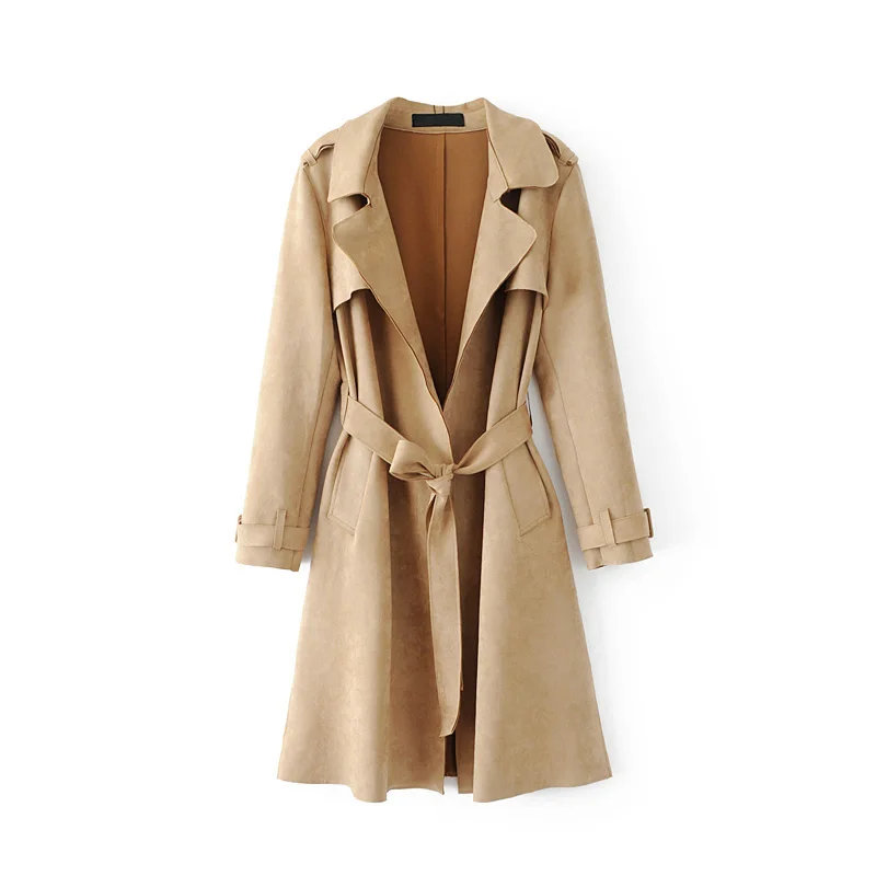 Light camel yellow Розовое замшевое пальто для женщин Abrigo Mujer Длинная Элегантная верхняя одежда женское пальто Тонкий замшевый кардиган Тренч - Цвет: Light camel yellow