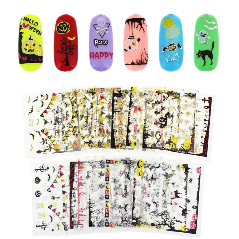 24 шт./лот стикеры 3D на ногти Nail Art Хэллоуин стиль Золотой Серебряный призрак тыква