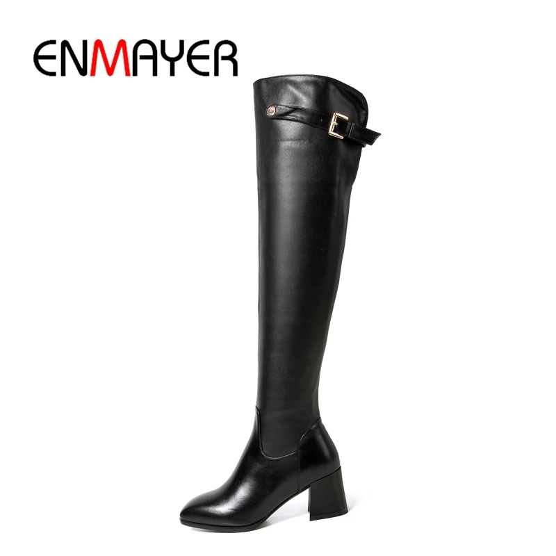 

ENMAYER Winter women boots women square toe zipper over the knee boots square heel high heel boots Size 34-39 ZYL1083