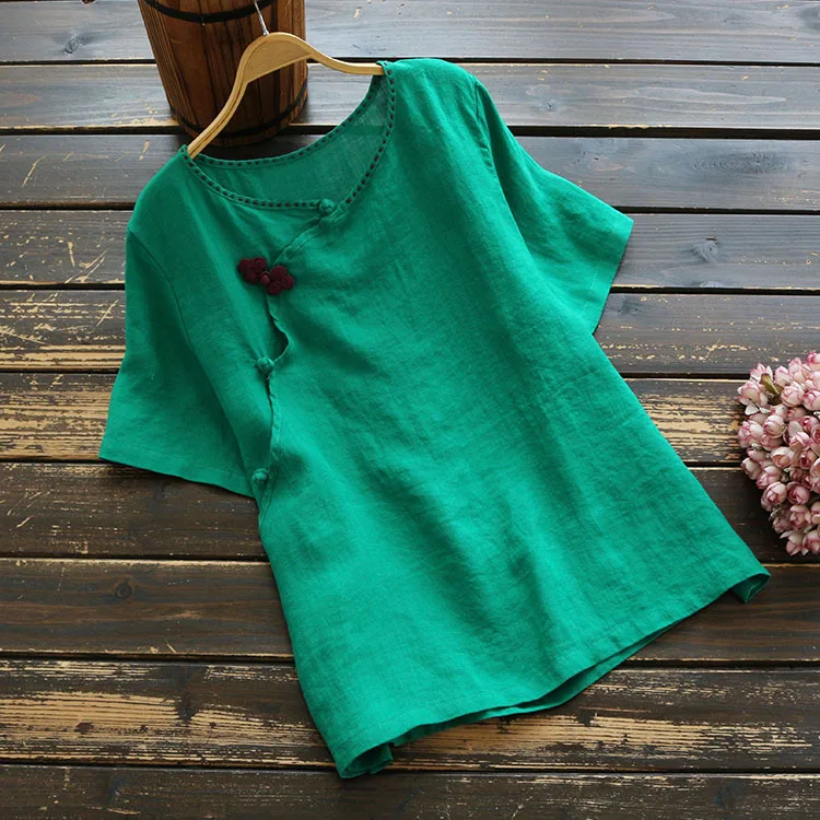 6418 Summer Women Literary Vintage Chinese Style T-shirts Buckle Loose Short Sleeve V-Neck Ramie T-shirt Tops | Женская одежда