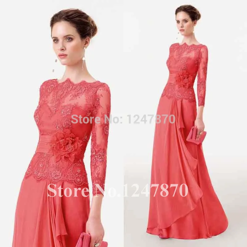 Gorgeous Mother of the Bride Lace Dress Vestido mae Noiva Watermelon Red Chiffon A-line Boat Neck Sheer Long Sleeves Peplum Plus | Свадьбы и