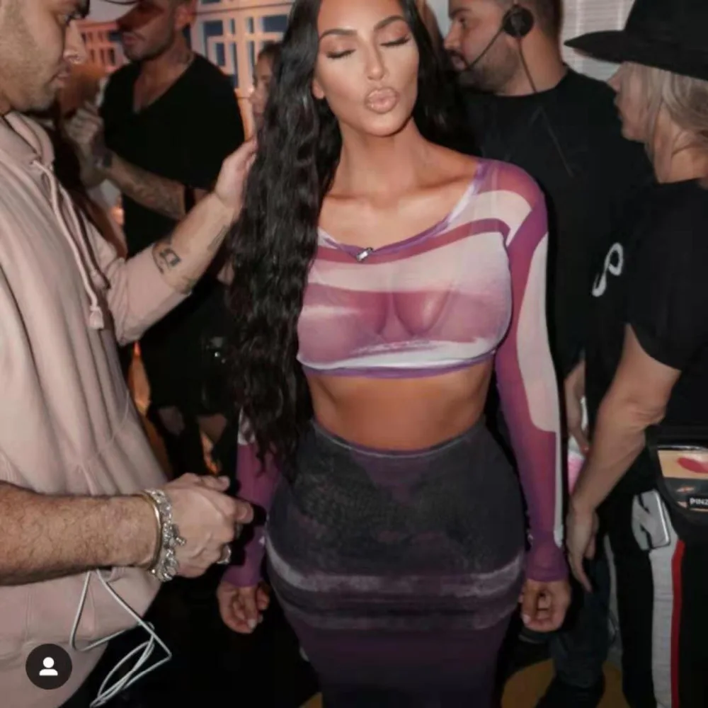 Kim kadarshian платье фиолетовый розовый принт сетки прозрачный комплект пикантные