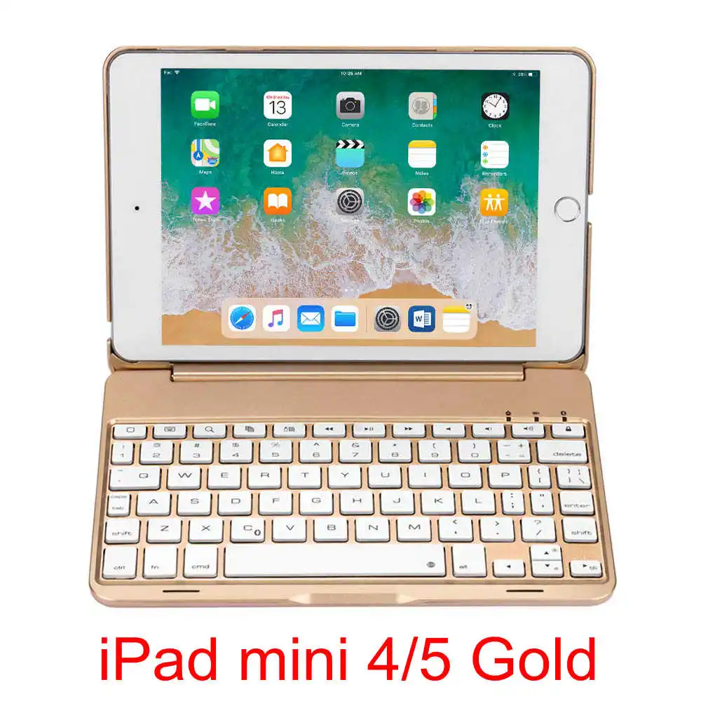 Для iPad mini 1/2/3/4/5 ультра тонкий смарт Алюминий Bluetooth русский/испанский/Иврит Клавиатура чехол крышка с 7 цветов светодиодный подсветкой - Цвет: Mini 4 5 Gold