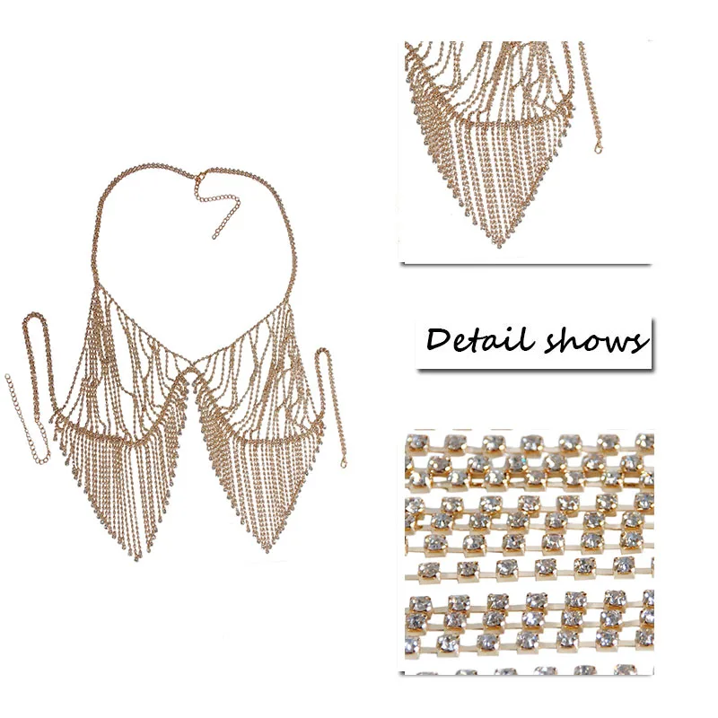 

Fashion Summer Beach Rhinestone Bra Chain Sexy Harness Bikini Bras tassel Chain Women Jewelry Lady Rhinestone Body jewelry