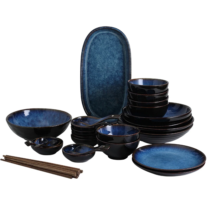 

KINGLANG Ceramic Deep Blue Rice Noodle Bowl Cup Sauce Dish Dinner Set Tableware