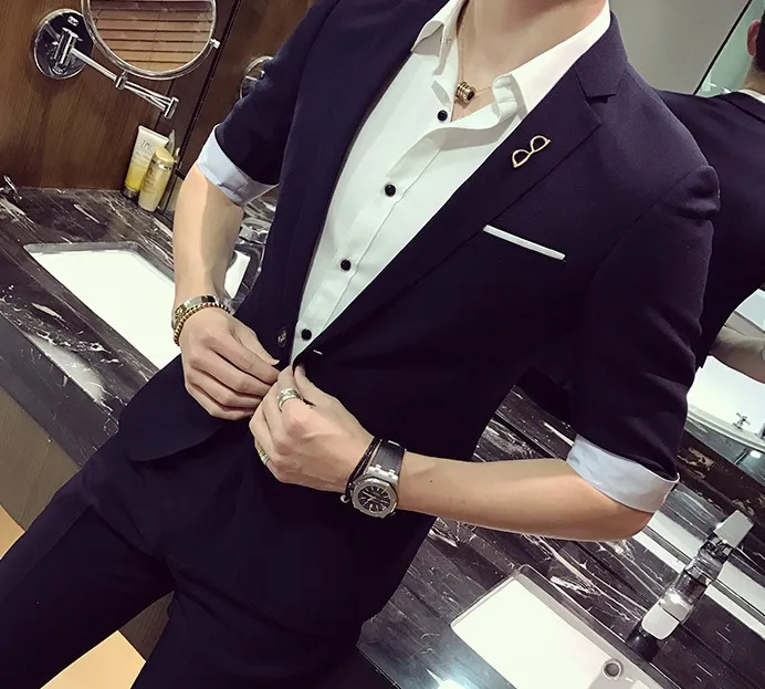 

Costumes Hommes Two-piece Solid Color Seven-point Sleeve Blazer Male Slim Nine-sleeve Pants Casual Dress