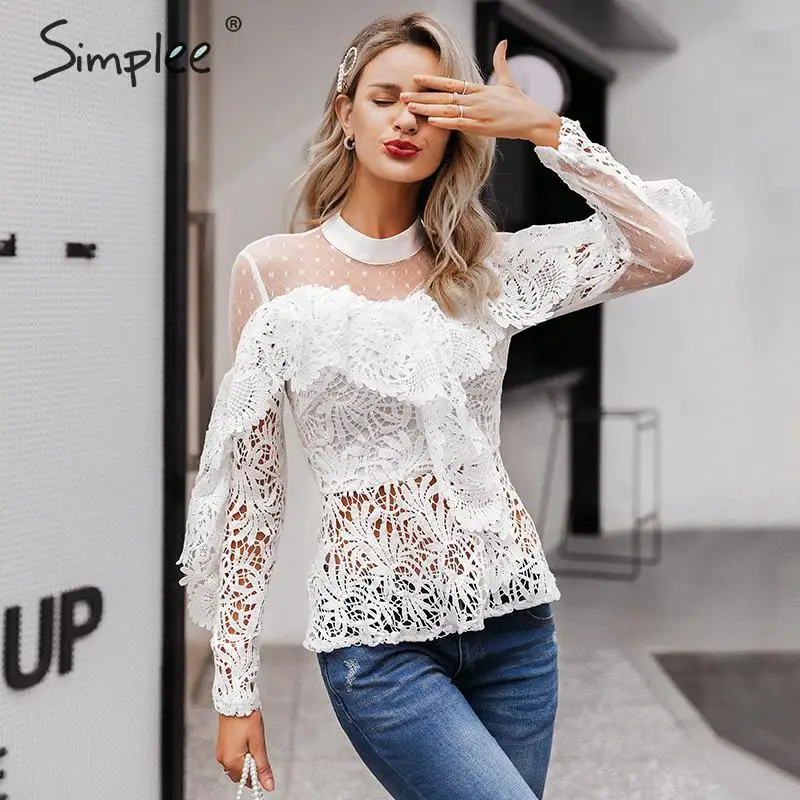 Simplee белая женская блузка рубашка кружевная сетка с вышивкой Элегантные полые с длинными рукавами женские топ для вечеринок