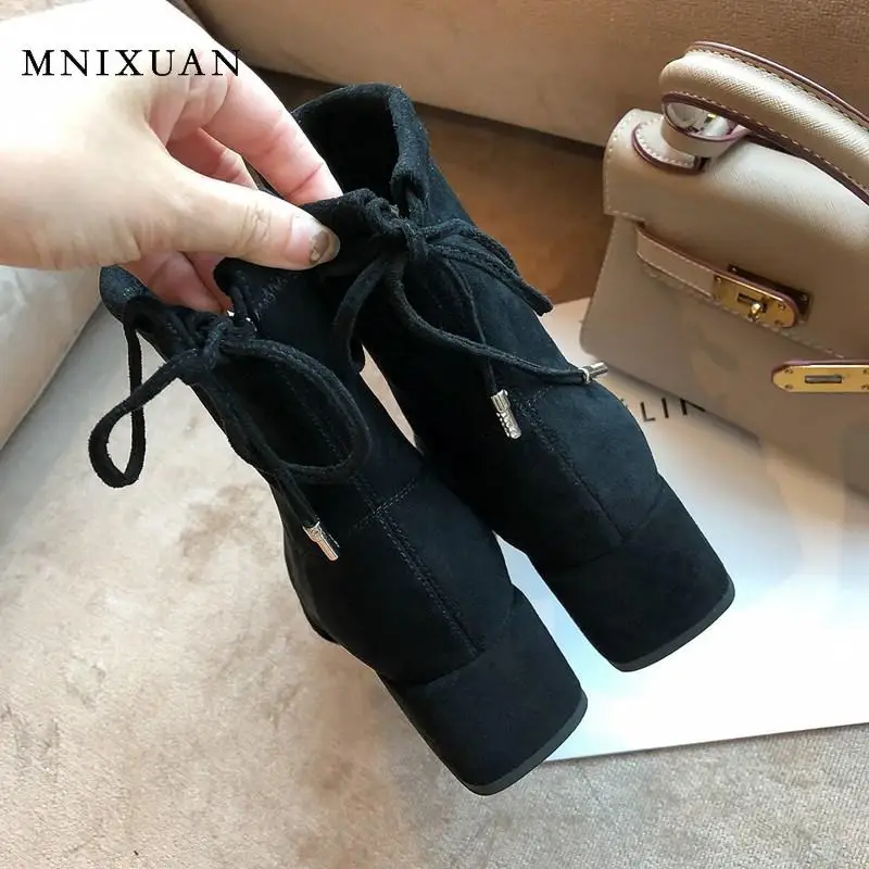 MNIXUAN/высокие сапоги до бедра; женская зимняя обувь; носки; сапоги до колена; Новинка года; замшевые эластичные сапоги с круглым носком на блочном каблуке; Цвет Черный