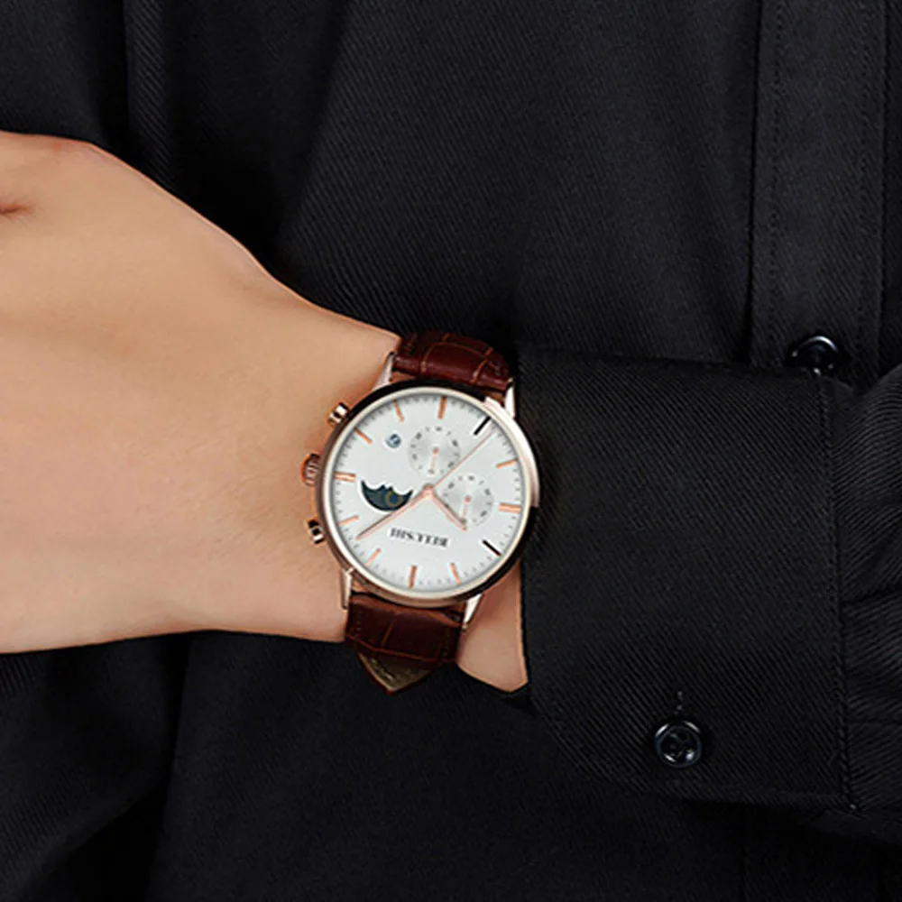 Мужские креативные наручные часы Moon Phase роскошные кожаные брендовые Золотые