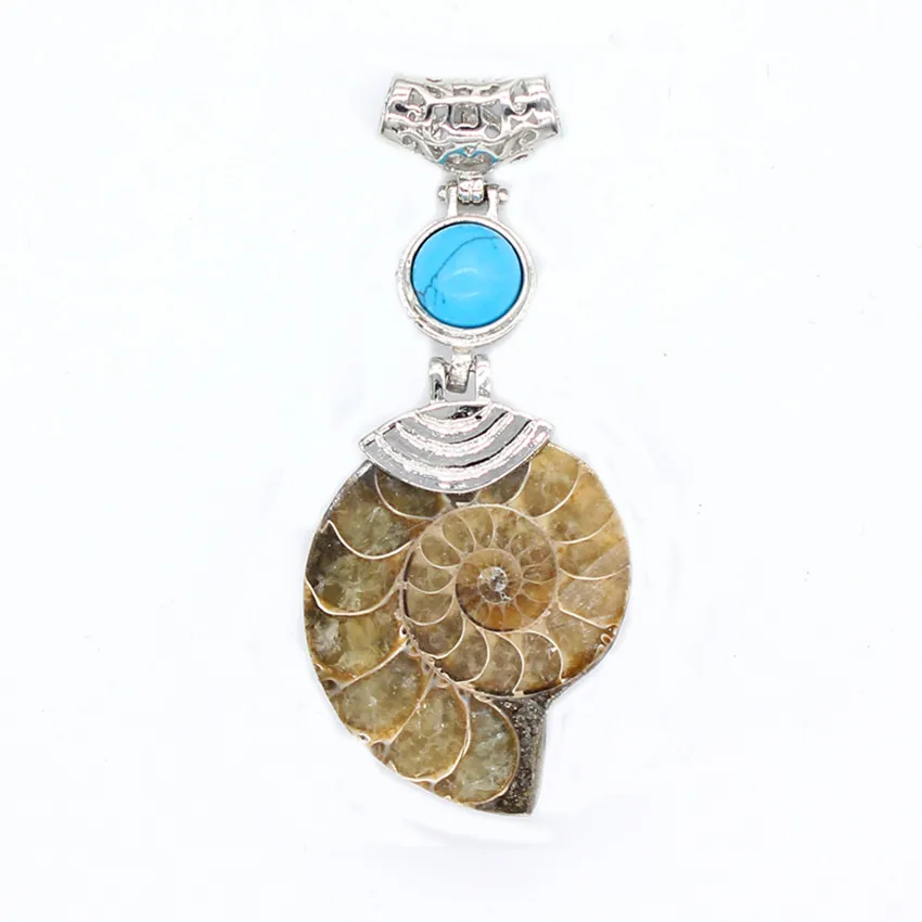 

Trendy-beads Ethnic Silver Plated Ammonite Reliquiae Blue Turquoises Stone Round Beads Pendant Meditation Jewelry