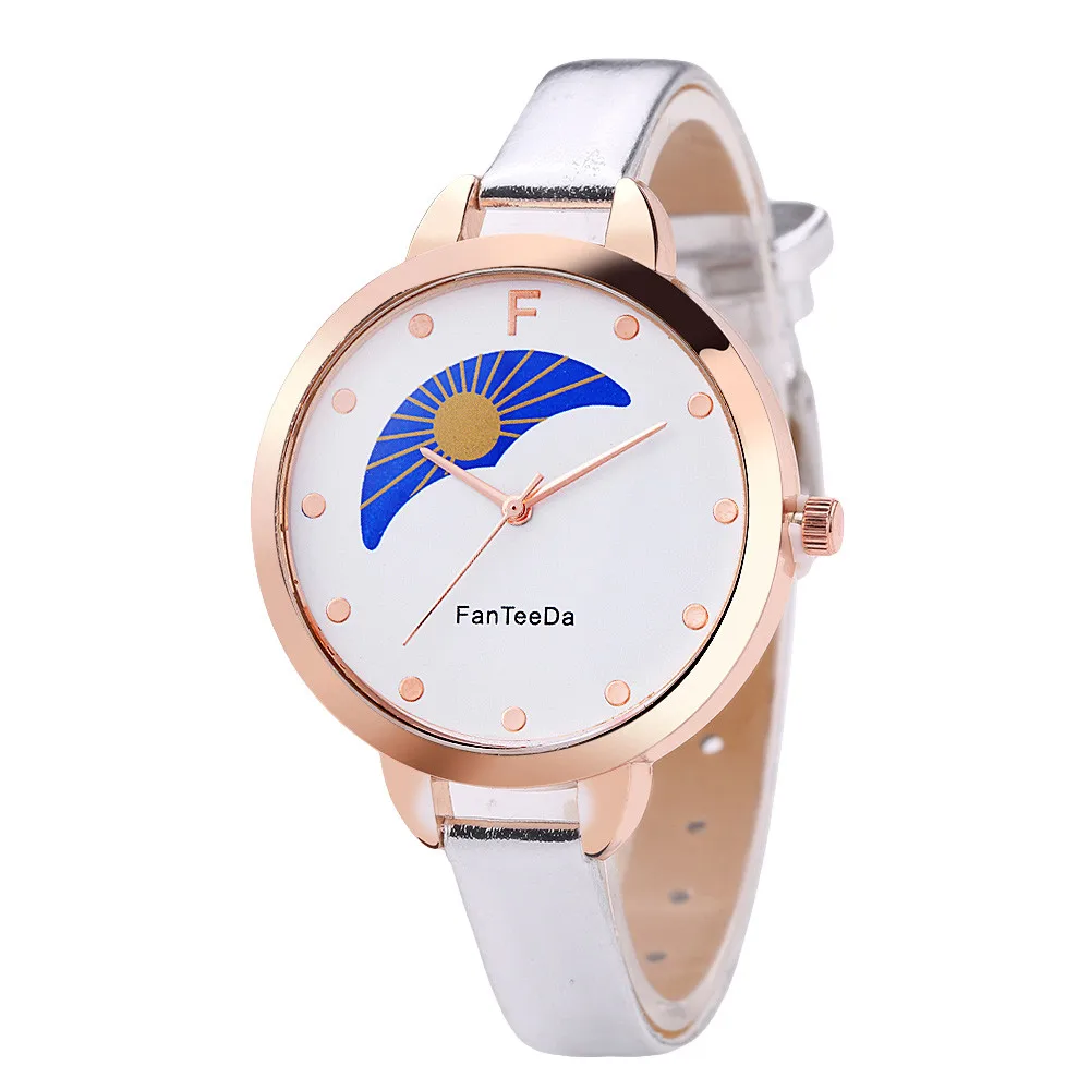 FanTeeDa relogio feminino Sun and moon Alloy Analog Leather Band Quartz Wrist Watch women Clock Casual Round kadin saat mujerB40 - Цвет: Серебристый