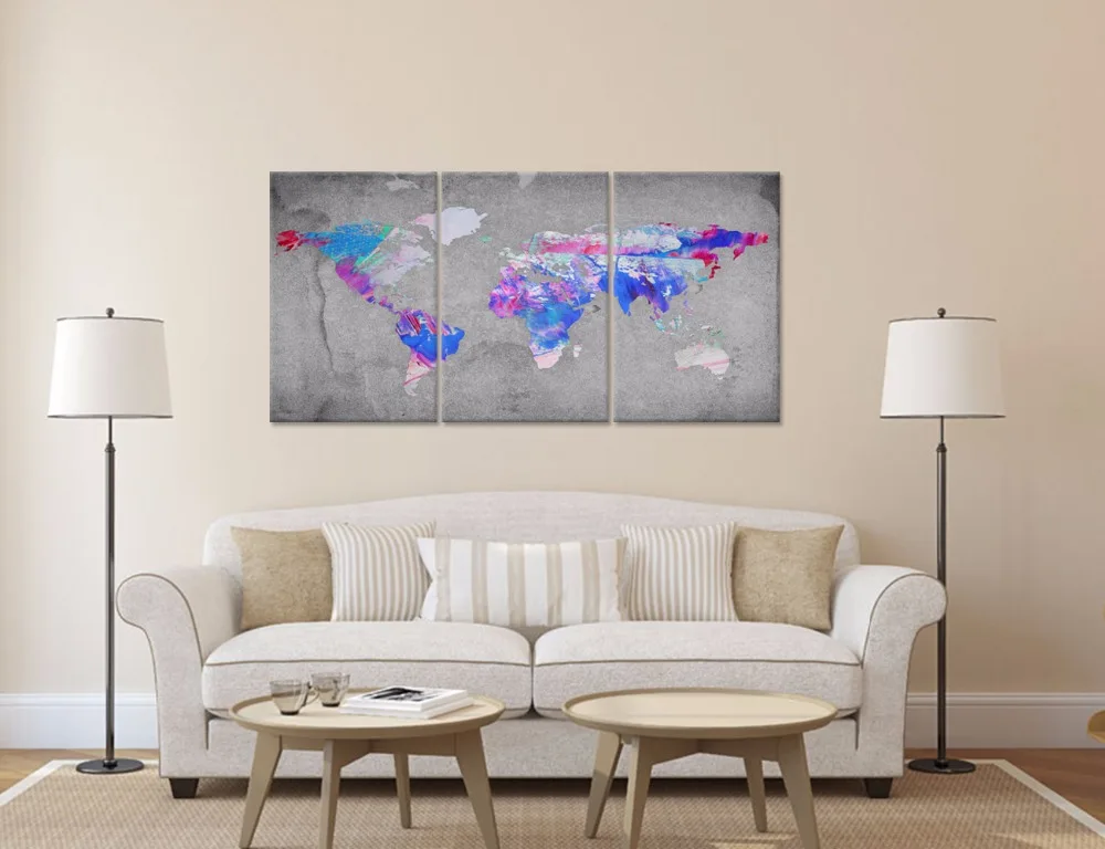 Холст стены искусства печати винтажная карта мира синий фиолетовый цвет на сером
