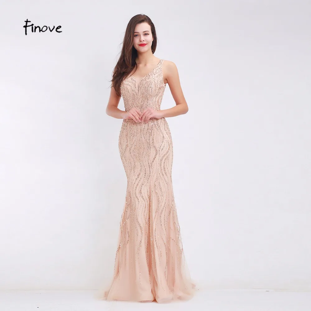 Женское вечернее платье с V образным вырезом и бусинами|champagne evening dress|designer dressesevening