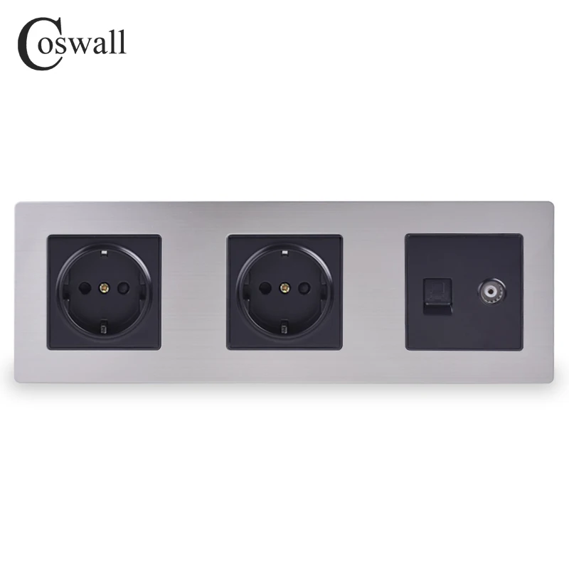 COSWALL нержавеющая сталь панель двойная розетка 16A ЕС розетка+ женский ТВ разъем с RJ45 CAT5E Интернет порт серебряный черный