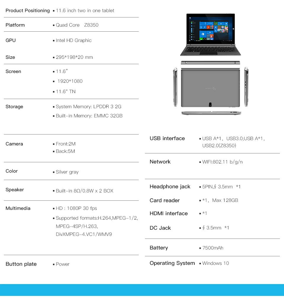 YUNTAB 11,6 дюйма GA116C 2-в-1 Windows10 планшетный ПК 2 ГБ+ 32 ГБ Quad-Core1920 x1080 ips Дисплей Поддержка Двойная камера с клавиатурой
