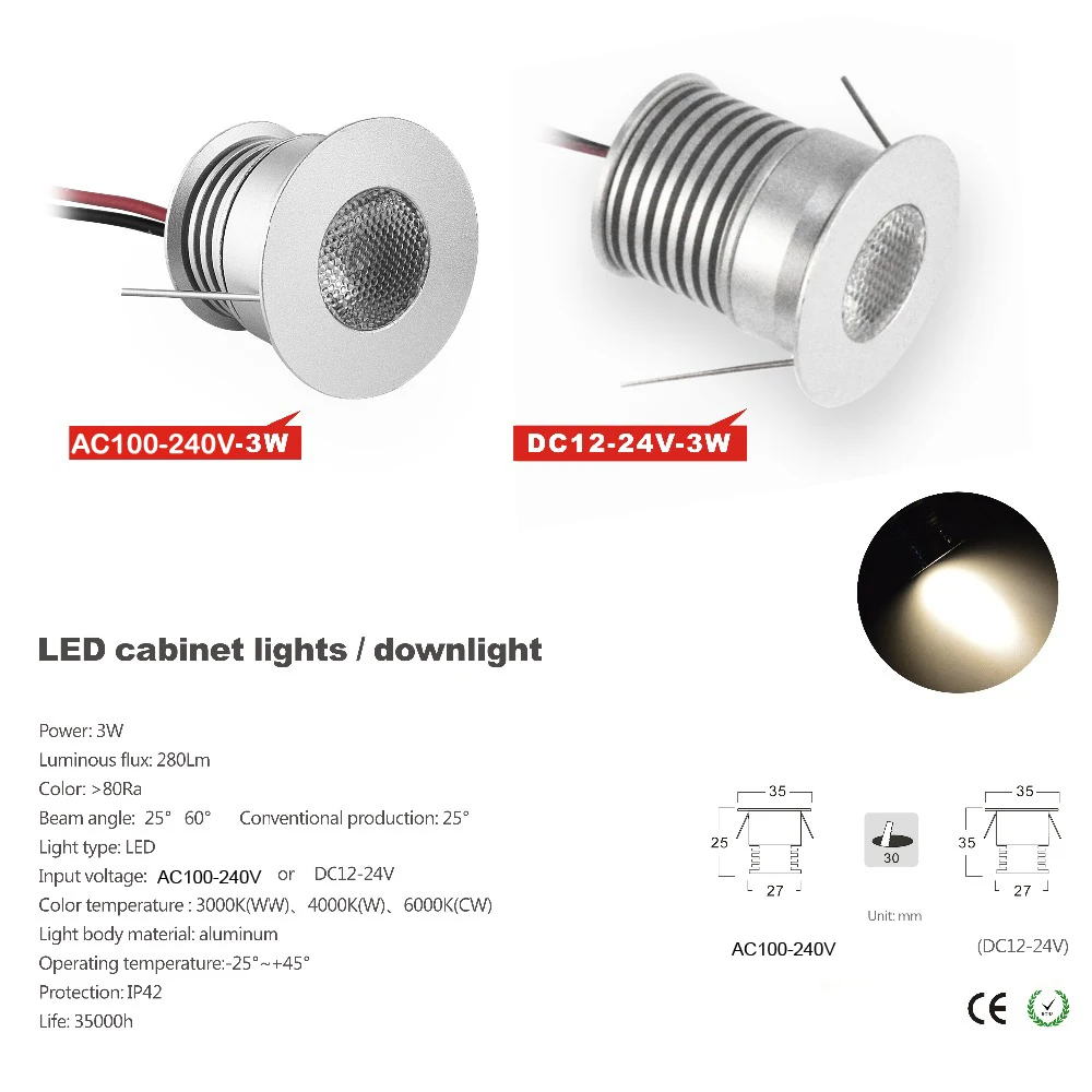 

100-240V Cabinet Mini LED Spotlight Recessed Petty Lamp Cut Hole 30mm Beam Angle 25 Degree