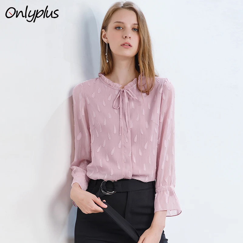 Женская шифоновая блузка Onlyplus свободная розовая с длинным рукавом и цветочной