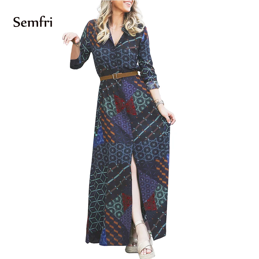 Semfri Sexy Loose dress Maxi Dress Party Boho Print Belted Shirt Vestidos De Fiesta Noche | Женская одежда