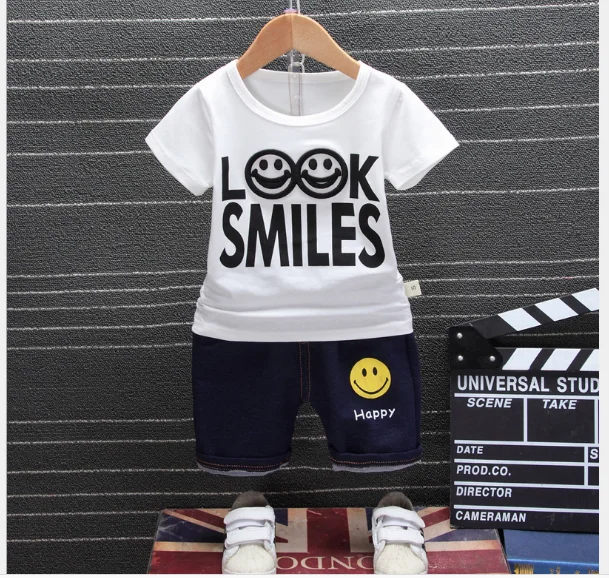 2019 New summer Baby Infants Boys Smile face letter print t-shirt Tops+cartoon shorts 2pcs Clothing Sets | Детская одежда и обувь