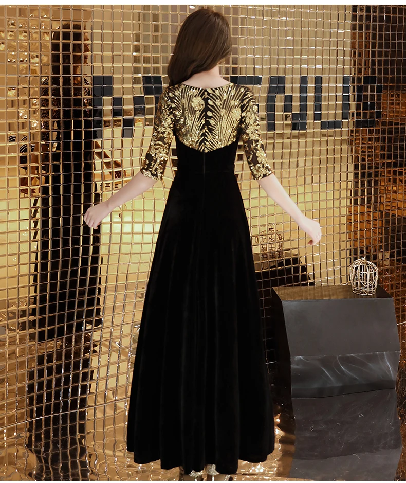 Robe de soiree черный велюр вечерние платья с круглым вырезом дизайн элегантное расшитое блестками длинное в пол бархатные вечерние платья LYFY93
