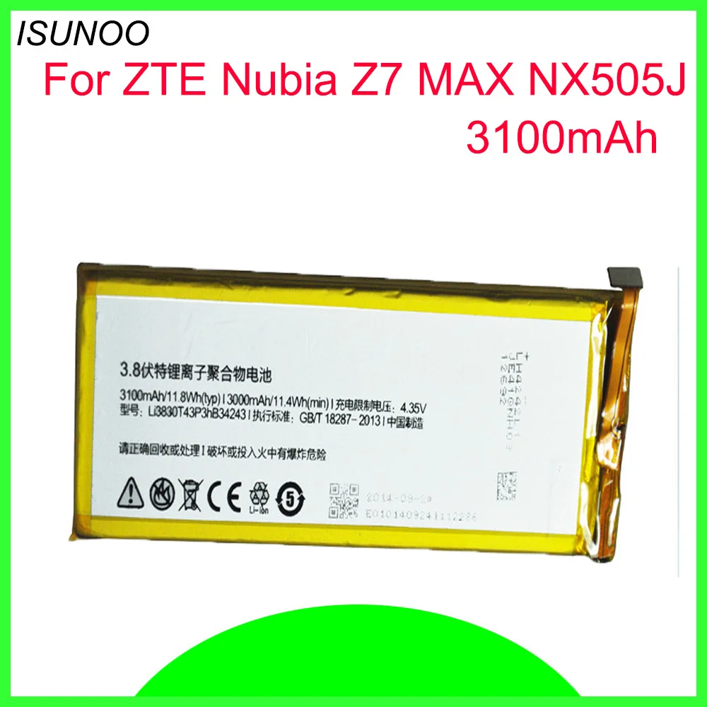 Литий ионный аккумулятор ISUNOO 10 шт./лот LI3830T43P3HB34243 3100 мАч для ZTE Nubia Z7 MAX NX505J