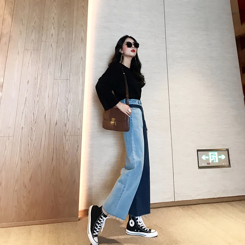 Новинка, корейские джинсы ulzzang, женские весенние прямые штаны, свободные, высокая талия, модные, шикарные, девять штанов, Harajuku, женские повседневные штаны