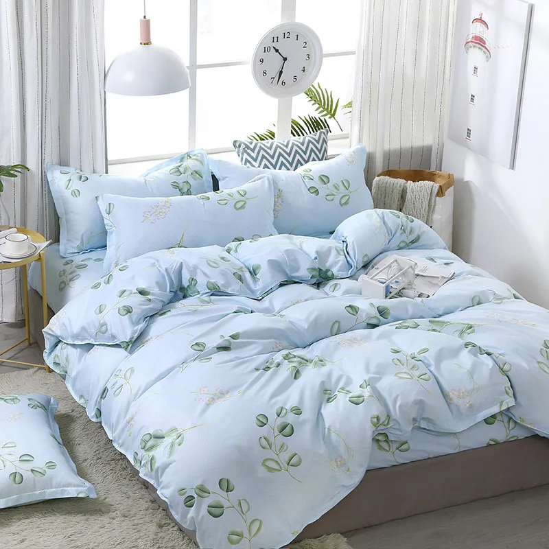 4pcs/set Brief Style Comfortable Green Leaves Printing Family Bedding Set Bed Linings Duvet Cover Sheet Pillowcases | Дом и сад