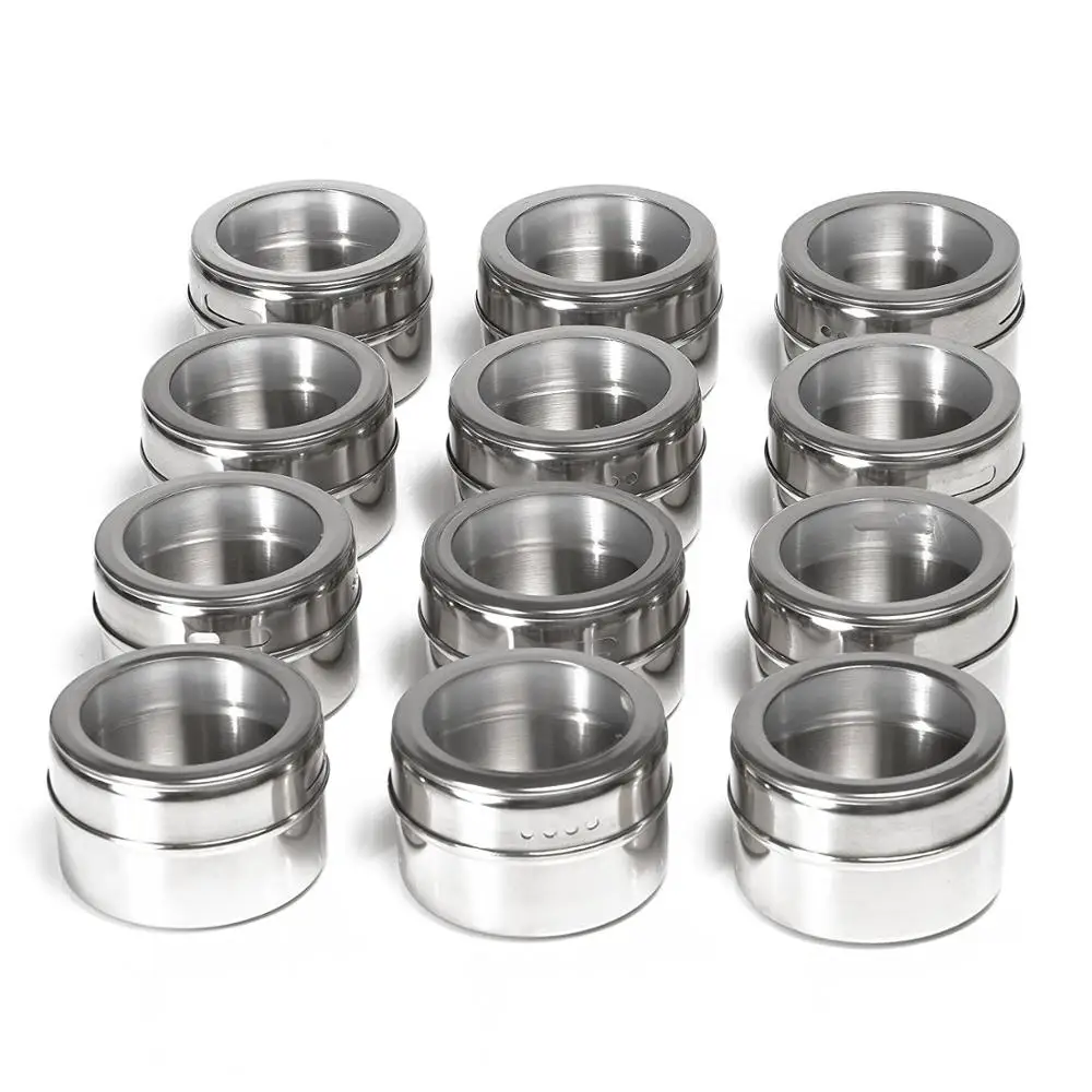 12Pcs Magnetic Spice Jar Set With Stickers Stainless Steel Tins Storage Container Pepper Seasoning Sprays Kitchen Tools | Дом и сад