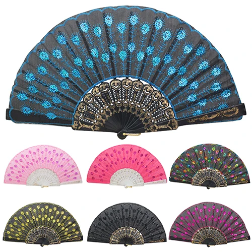 Расшитый блестками ручной кружевной цветочек складной веер для танцев свадьбы