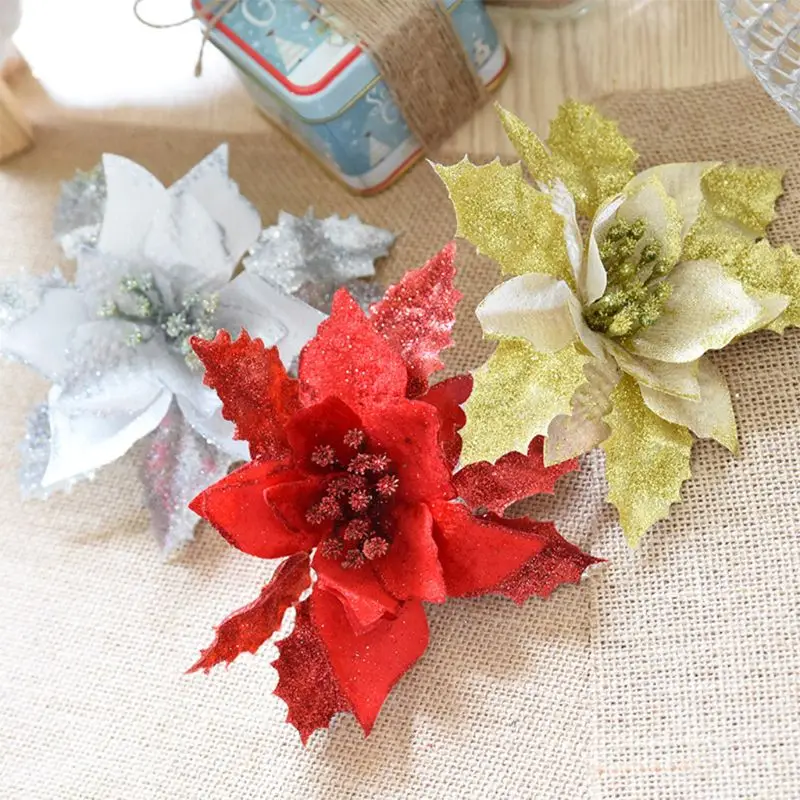 12 шт. блестящих цветов Poinsettia Рождественская елка Poinsettia украшения на Рождество День святого Валентина год цветочные украшения