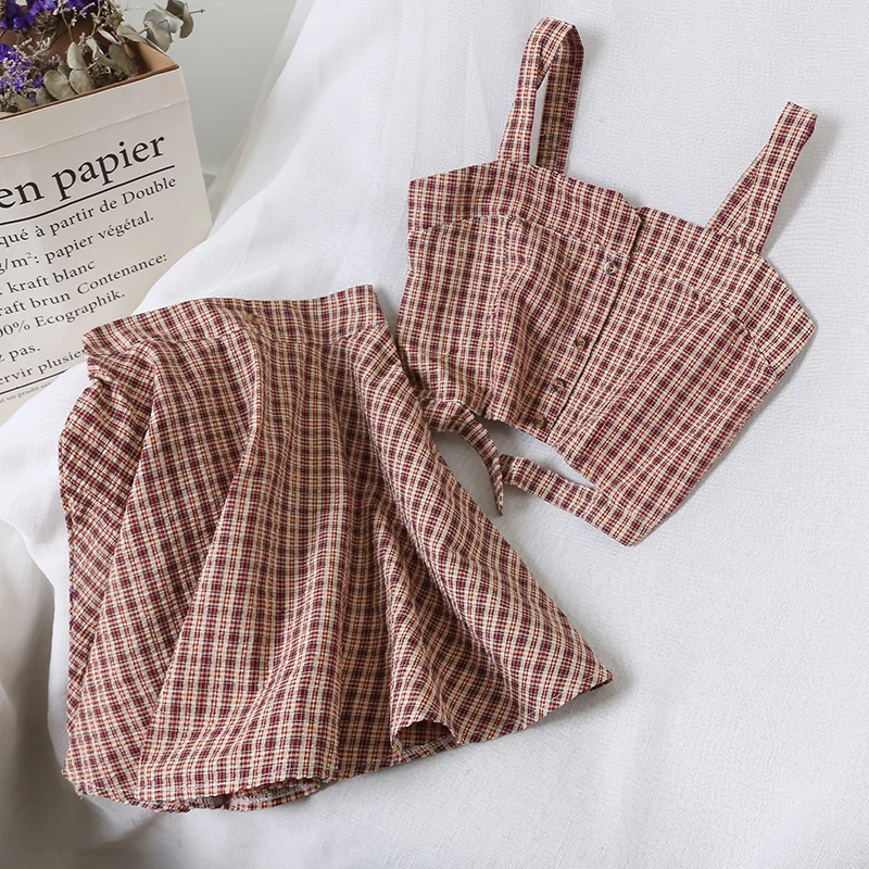 2019 new fashion women's two piece set Plaid suit strapless vest+skirt two-piece female | Женская одежда